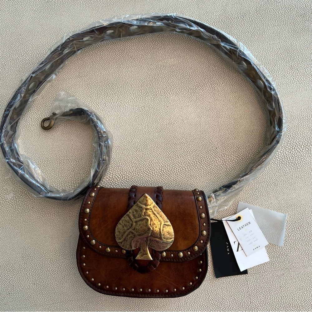 Zara NWT Genuine Leather Spade Studded Crossbody Bag Brown